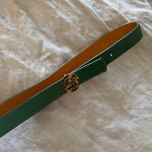Tory Burch Green Leather Belt with Gold Logo Buckle